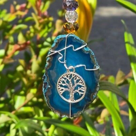 Teal Agate Gemstone Beaded Tree of Life Charm Window Sun Catcher - Picture 2 of 3